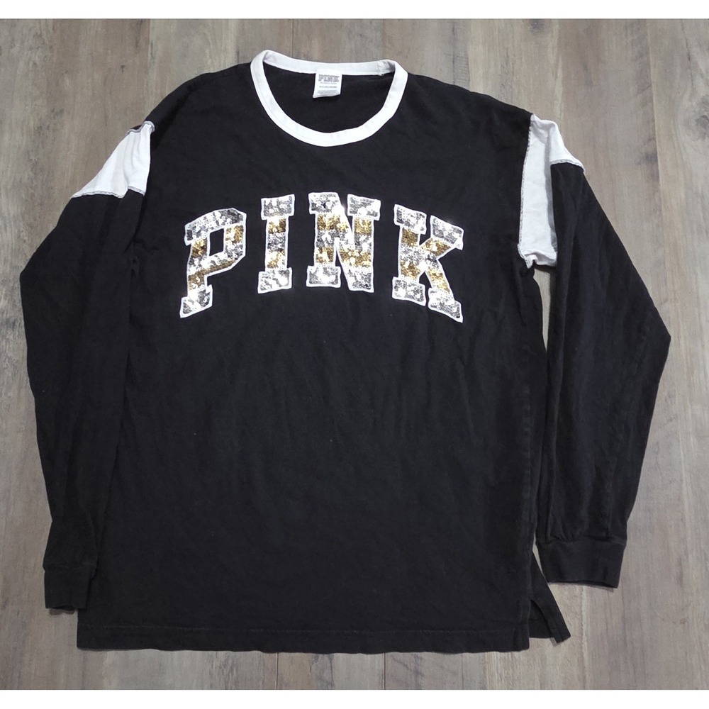 PINK Victorias Secret Black Long Sleeve Silver Gold Sequin T-shirt Women's S